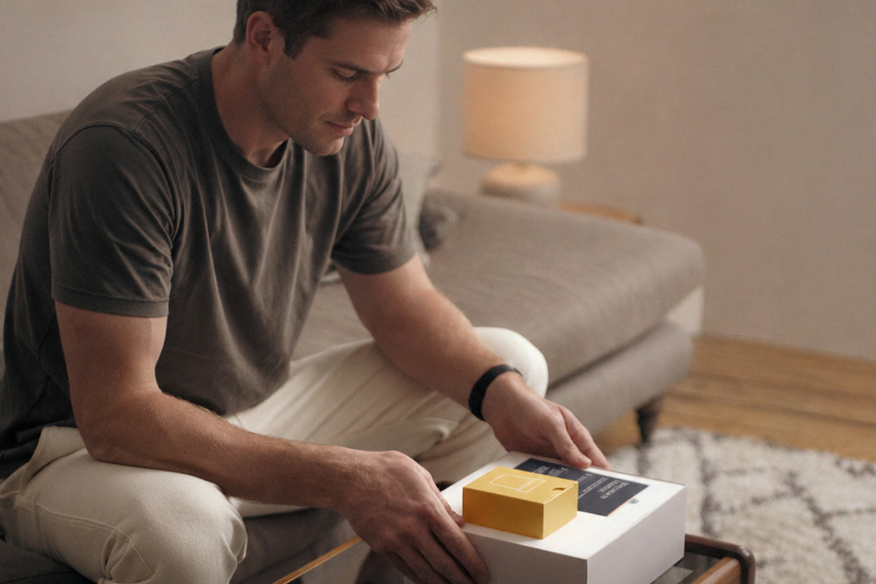 Man opening a box on a coffee table in a living room